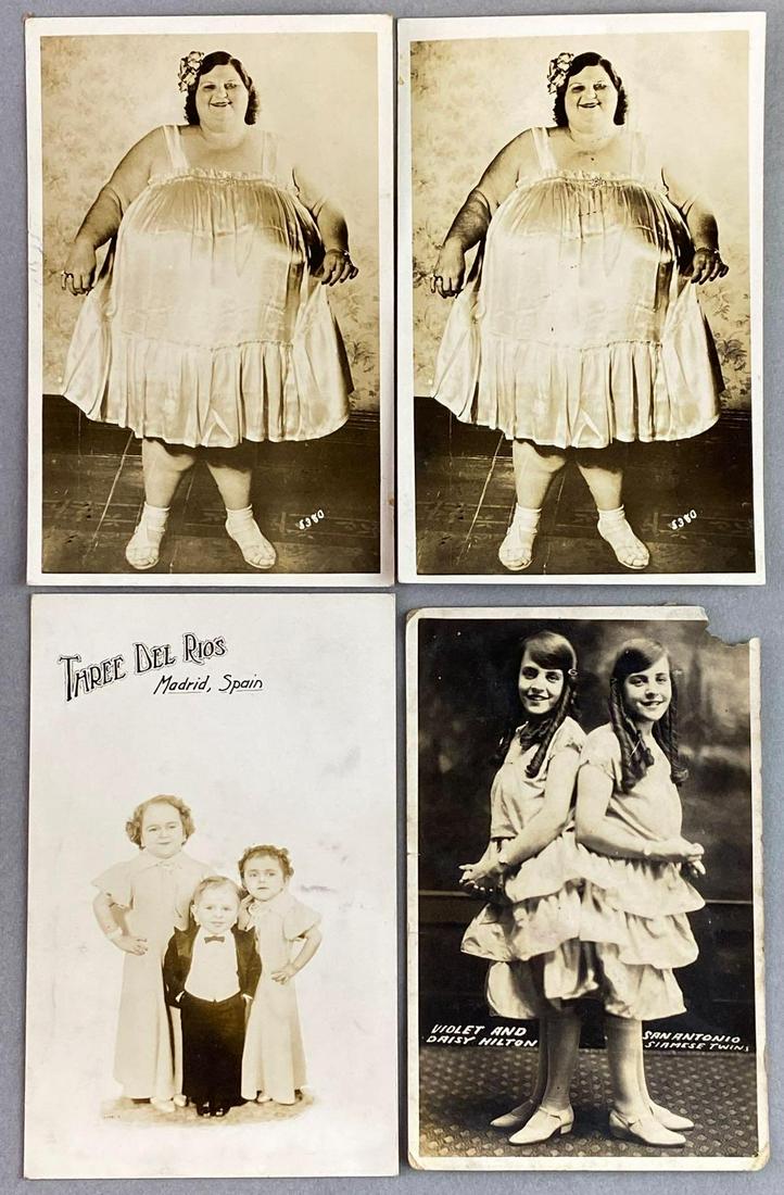 Postcards Sideshow Performers Signed Sea Monster Real: Group of 3 Photos and 10 postcards. Includes Hilton conjoined twins , the Doll Family, Three Del Rios, and a family of little people. Also includes 2 Fat Lady photographs, 1 signed. A group of sea mon