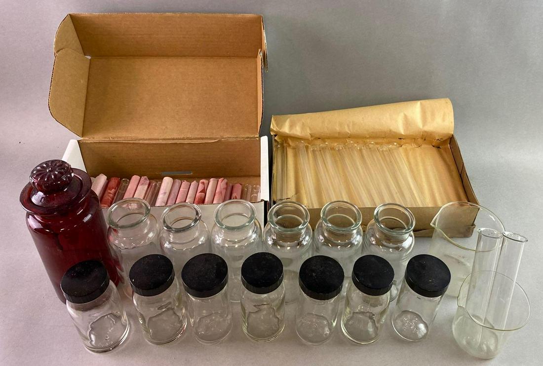 Group of Chemistry Glassware Bottles Beakers Test Tubes: No Shipping, Pick Up Only