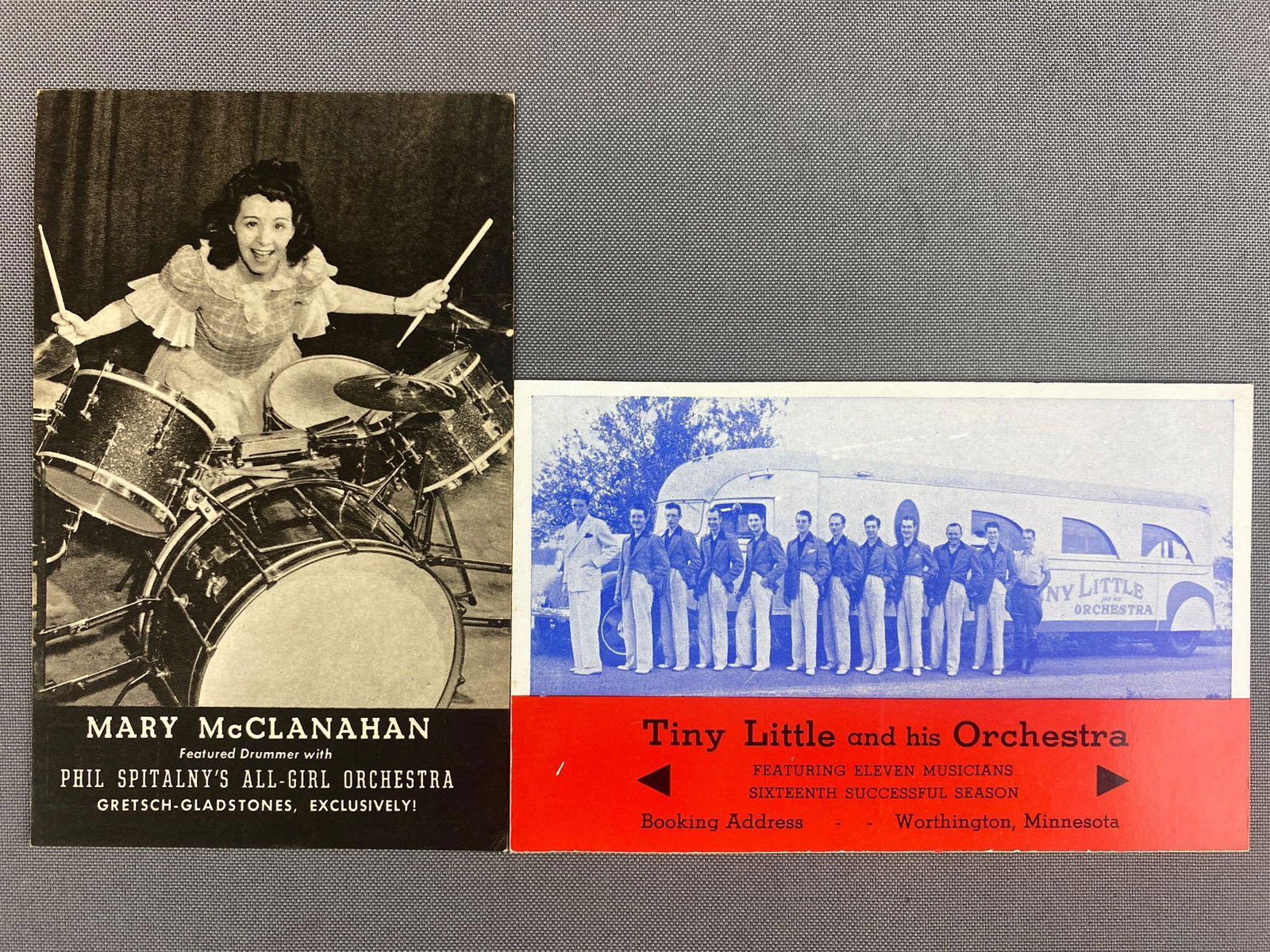 Postcards-Orchestras: Group of 2, Mary McClanahan with Phil Spitalnys All-Girl Orchestra and Tiny Little and his Orchestra, drums, tour bus