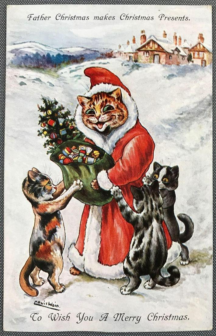 Postcard - Christmas Louis Wain Cat Artist signed (1 of 2)