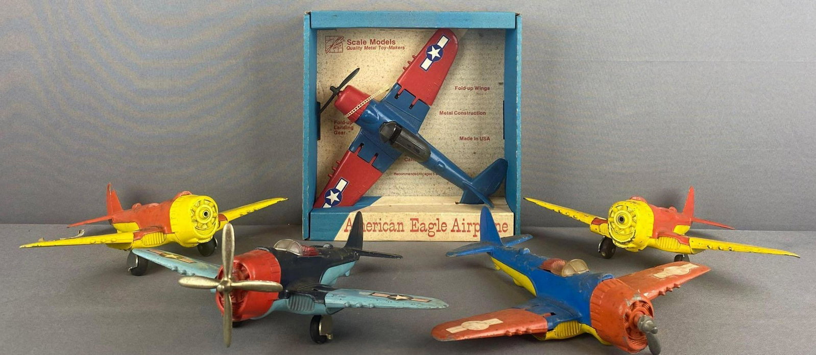 5 piece group assorted die-cast toy airplanes: (4) Hubley Kiddie Toy, assorted damage and (1) Scale Models American Eagle Airplane-in original packaging-10.25x3x10.75 inches