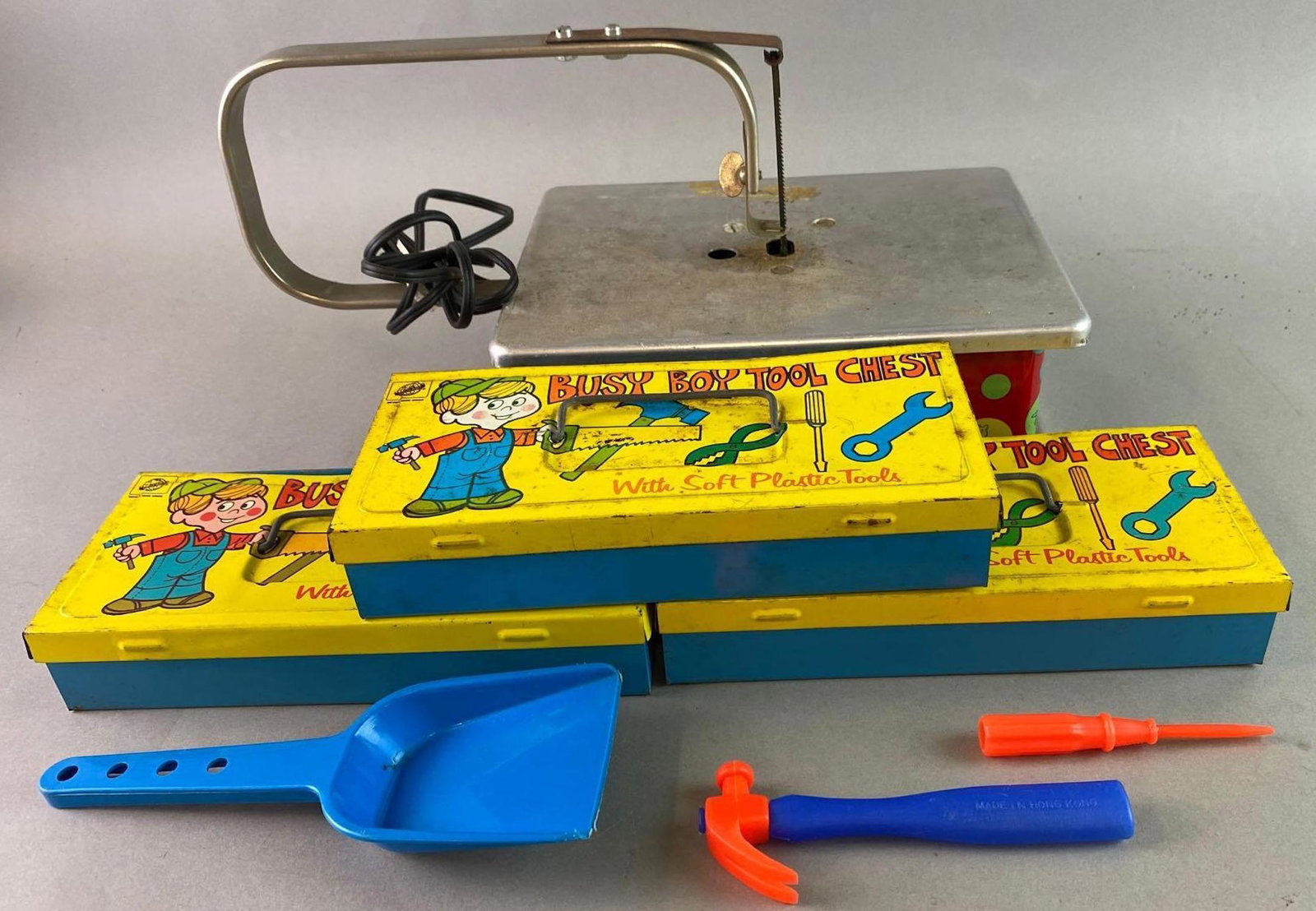 Group of 7 Construction Toys BVI Jigsaw Jr Ohio Art: Jig saw measures approximately 13 1/2 x 7 inches.