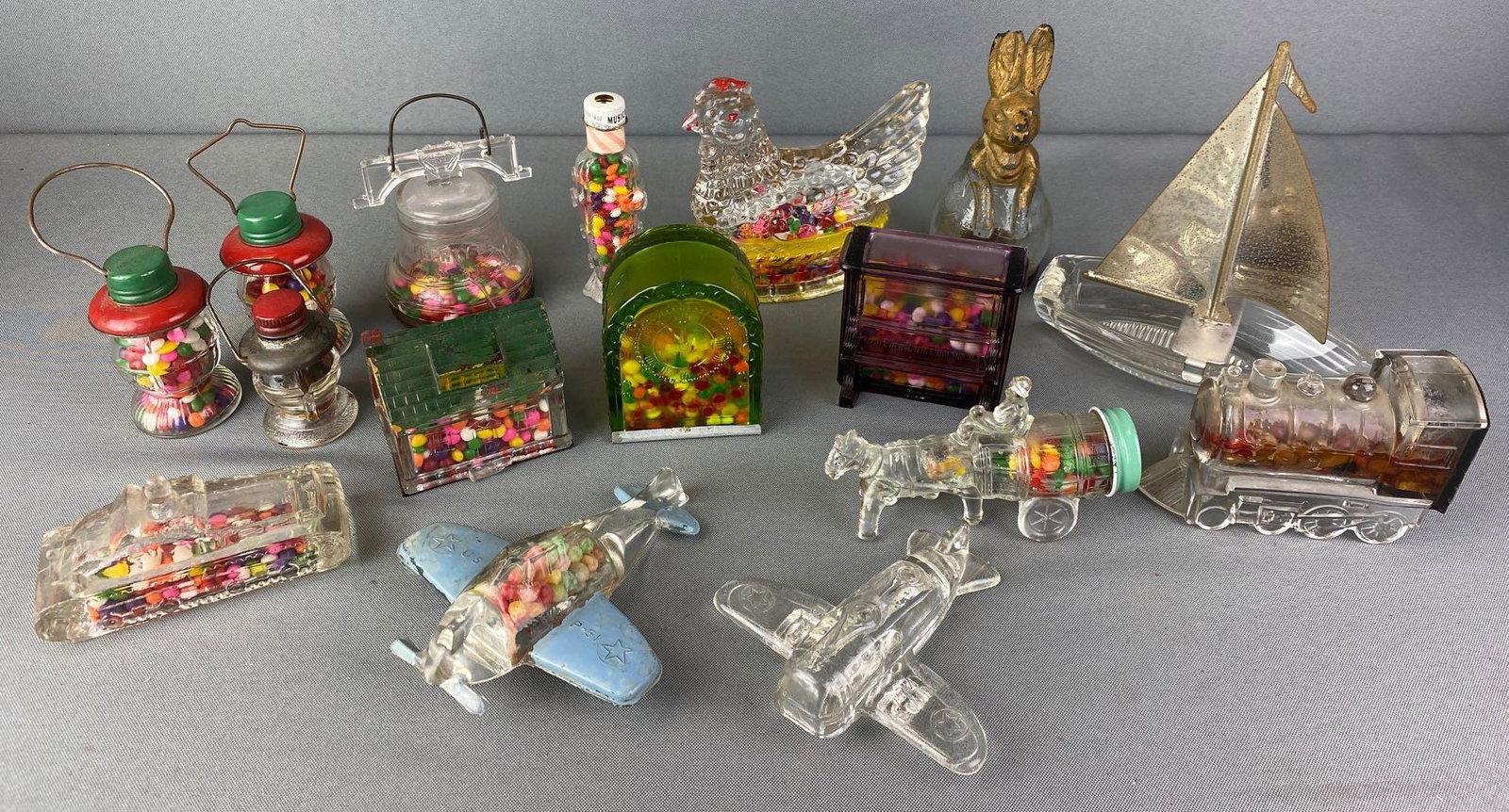Group of Glass Candy Containers: Includes lanterns, piano, house and more