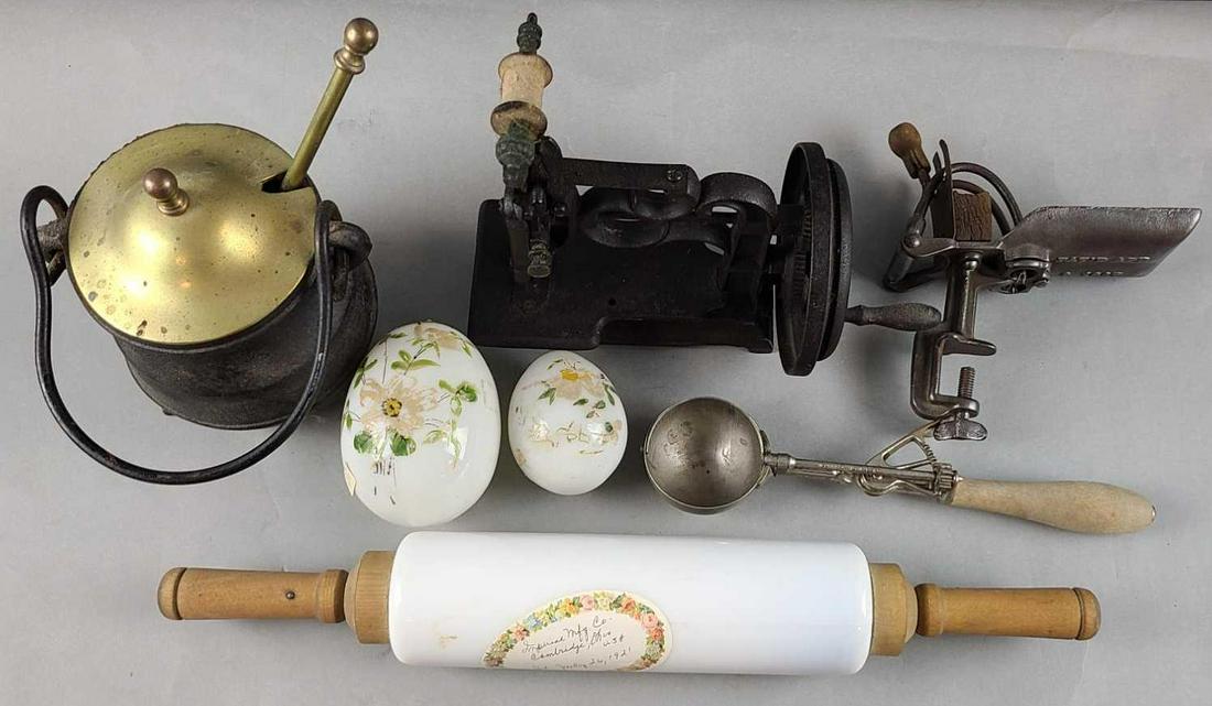 Group of household items and decor: Painted milk glass eggs, pitter, ice cream scoop, rolling pin and more