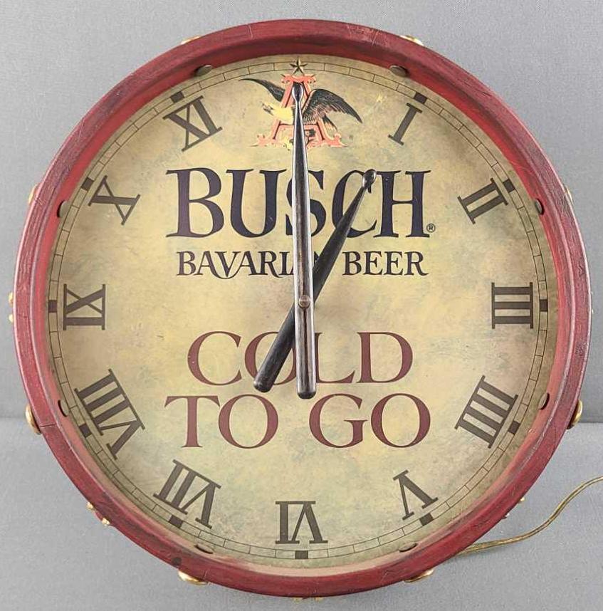 Busch advertising Beer clock: Drum shaped, 13 inch diameter. Light works, clock does not