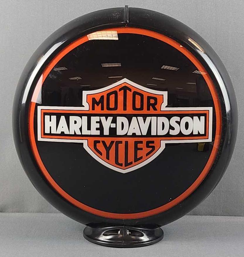 Reproduction Harley Davidson gas pump globe: Glass lenses, plastic ring. 16 inch diameter