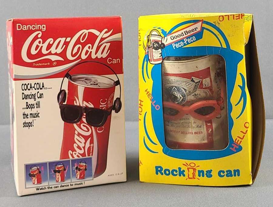 2 dancing can toys: Budweiser and Coca-Cola