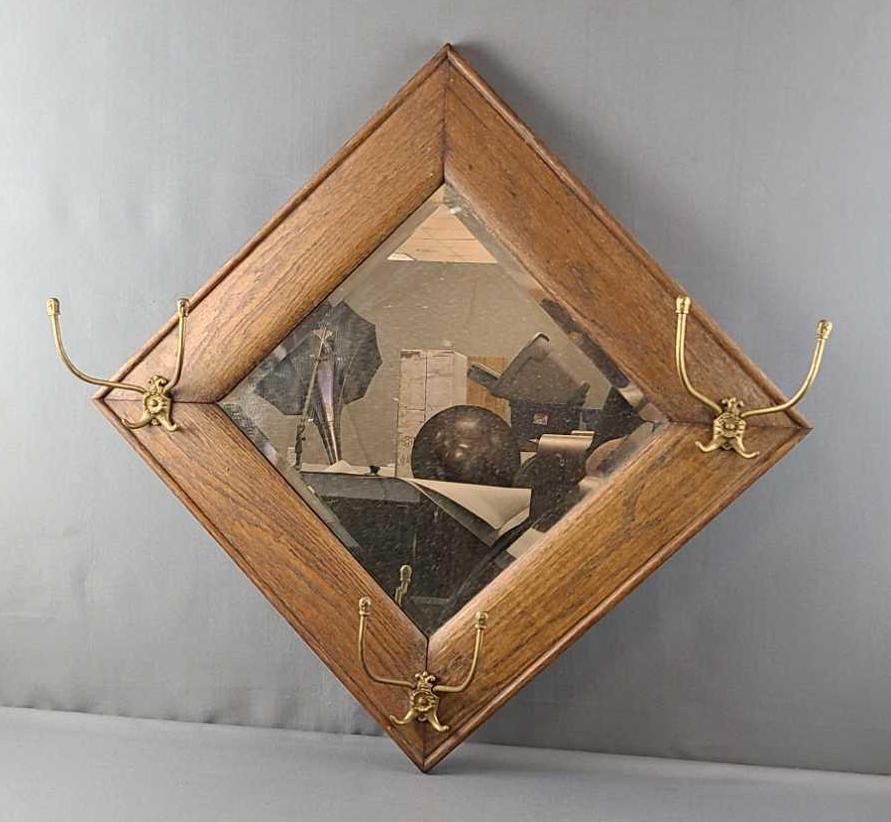 Wood frame mirror with coat hooks: 30 x 30 inches