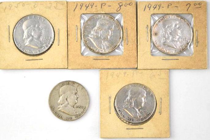 Group of (5) Franklin Silver Half Dollars (1 of 2)