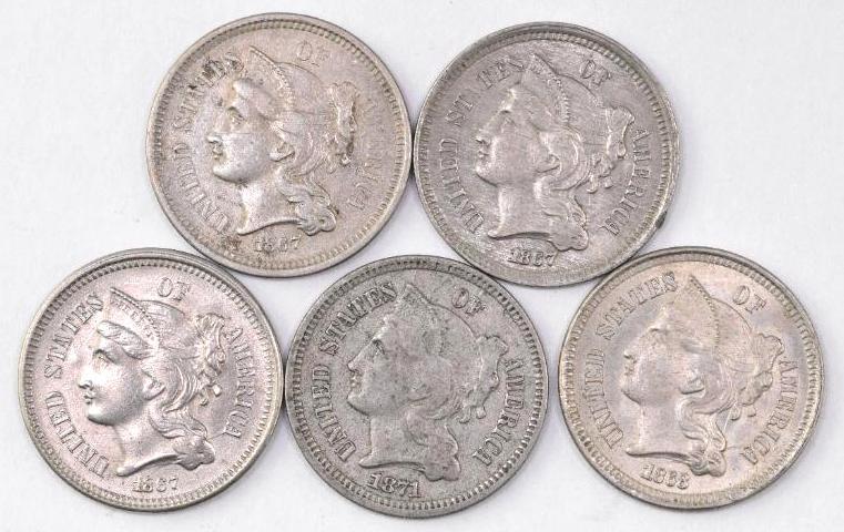Group of (5) Three Cent Piece Nickels (1 of 2)