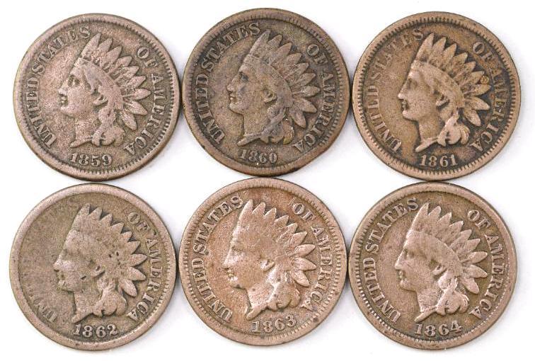 Group of (6) Copper Nickel Indian Head Cents 1859-1864 (1 of 2)