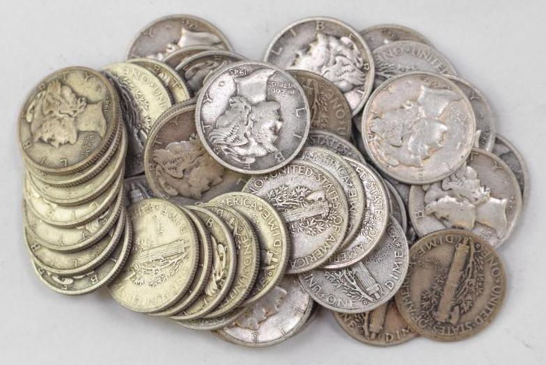 Group of (50) 1945 D Mercury Silver Dimes: Each is 90% Silver.