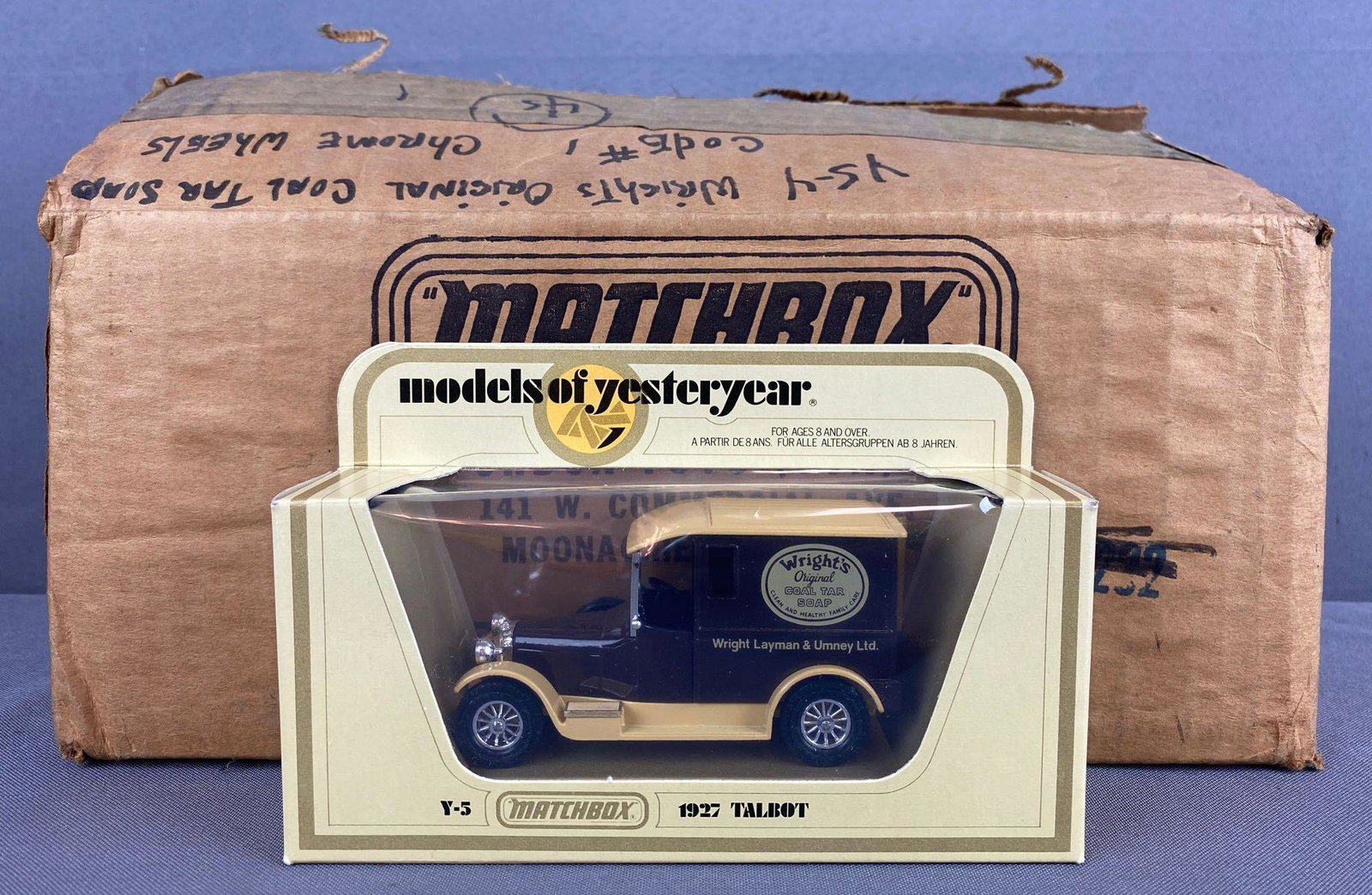 Full shipping box of Matchbox Models of Yesteryear No.: (12) 1927 Talbot, Wrights Original Coal Tar Soap die-cast vehicles. New in original packaging