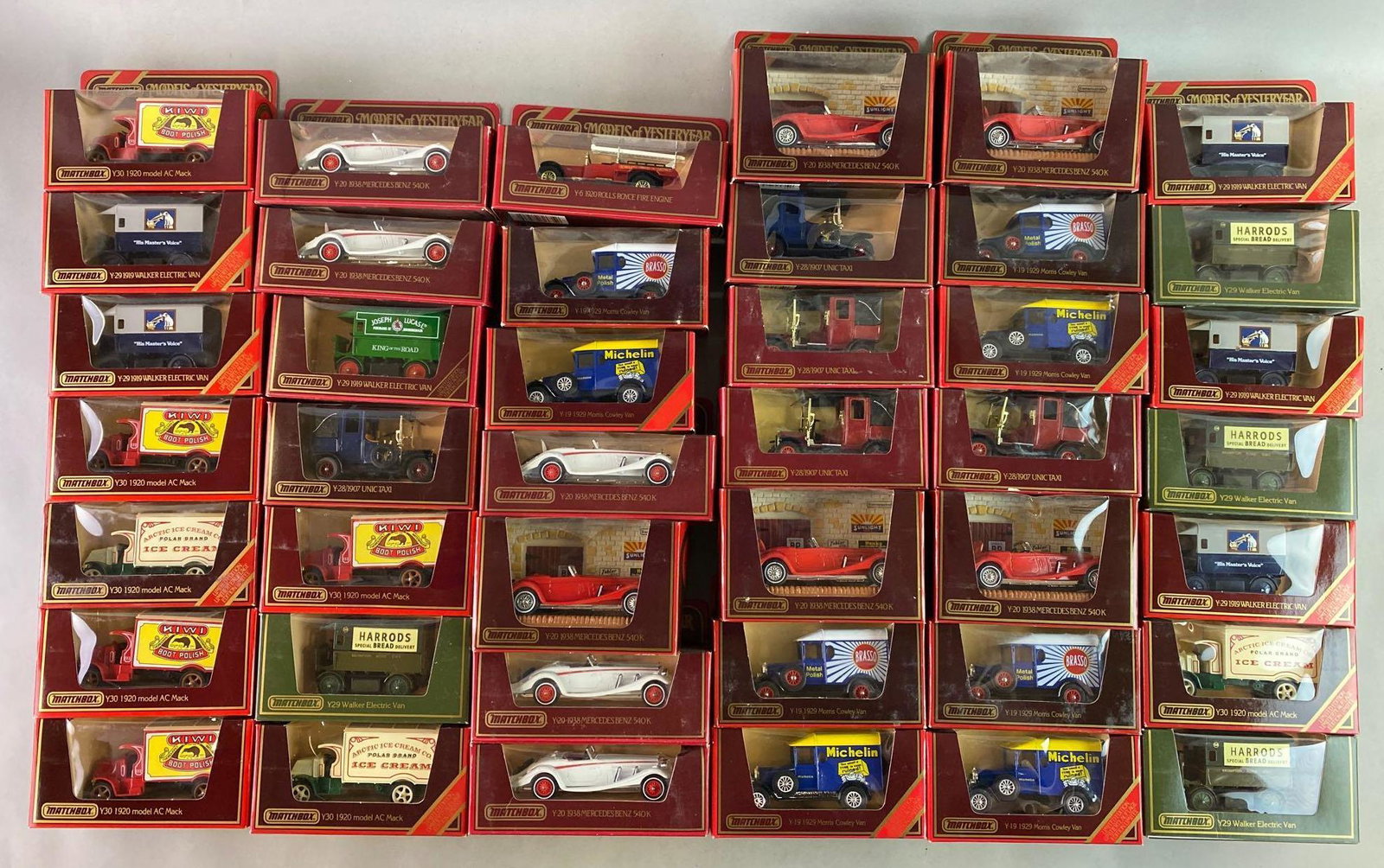 Group of 84 Matchbox Models of Yesteryear Die Cast: Includes models Y-29, Y-28, Y-19, and more.