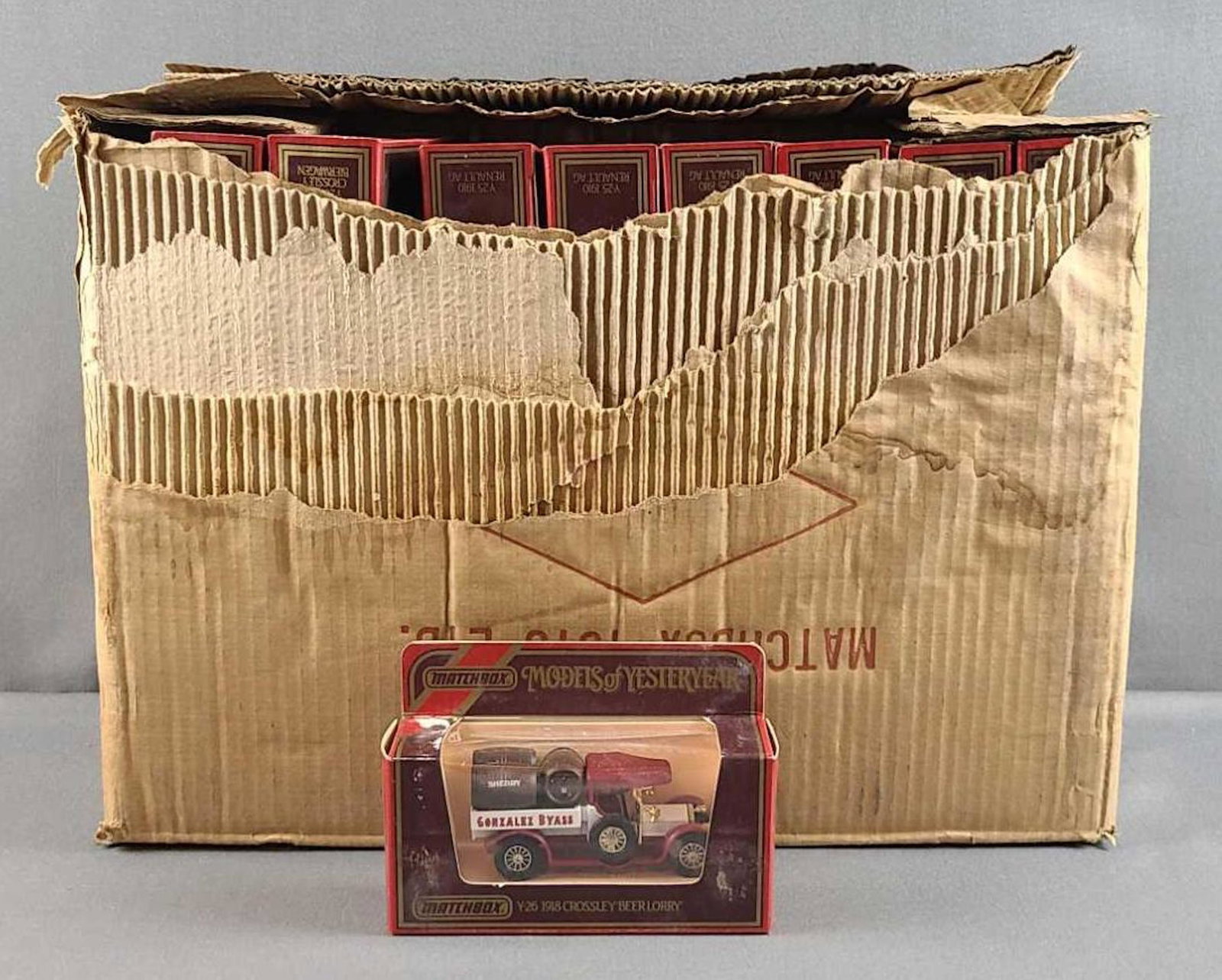 Shipping box Matchbox Models of Yesteryear: Missing one, 35 total. Water damage.