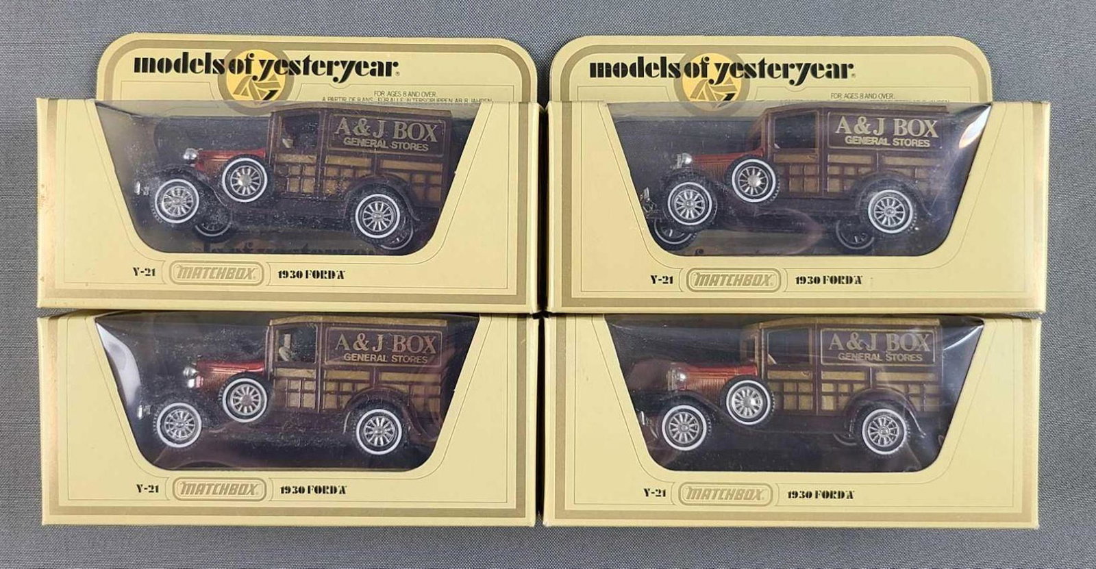 Group of 44 Matchbox models of yesteryear die cast: Y-21 1930 Ford A. A and J box general stores. All are the same style. In original packaging