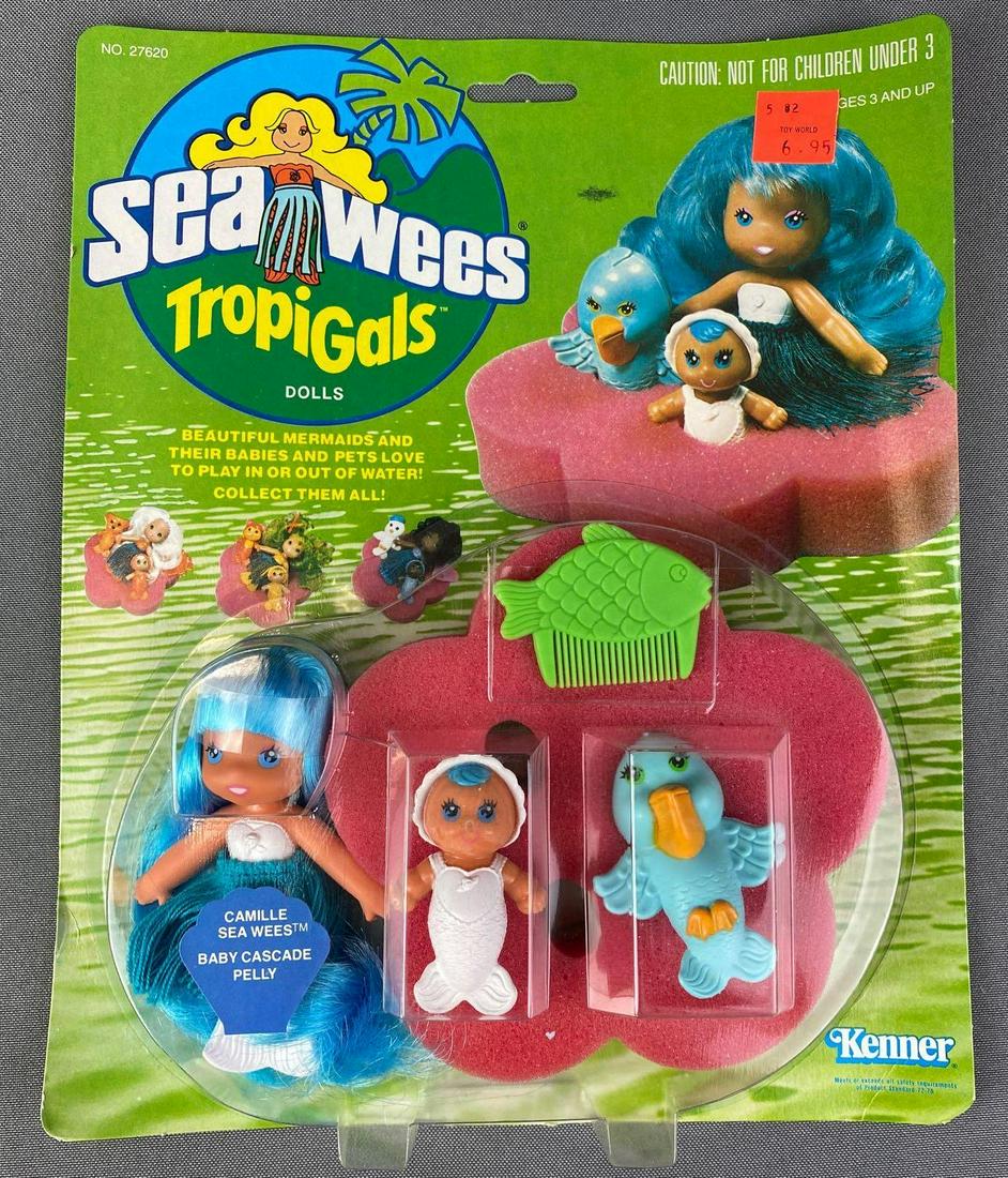 Kenner Sea Wees Tropigals Dolls: Includes Camille Sea Wees and Baby Cascade Pelly, in original box, box is 8.75X11 inches, 1981