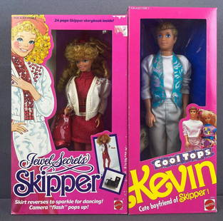 Group of 2 Barbie Fashion Dolls-Skipper and Kevin: Jewel Secrets Skipper and Cool Tops Kevin, 9.5 inch dolls, new in original packaging. c. 1980s Mattel, Inc