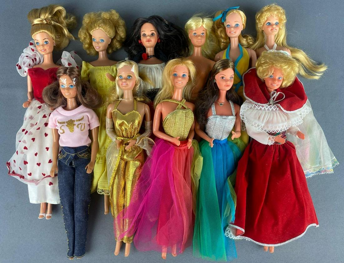 Group of 11 assorted Barbie Fashion Dolls and more: (10) 11.5 inch Barbie dolls-Bodies marked c. 1960s Mattel, Inc. and (1) 1981 Toy Time Sergio Valente doll. Out of box