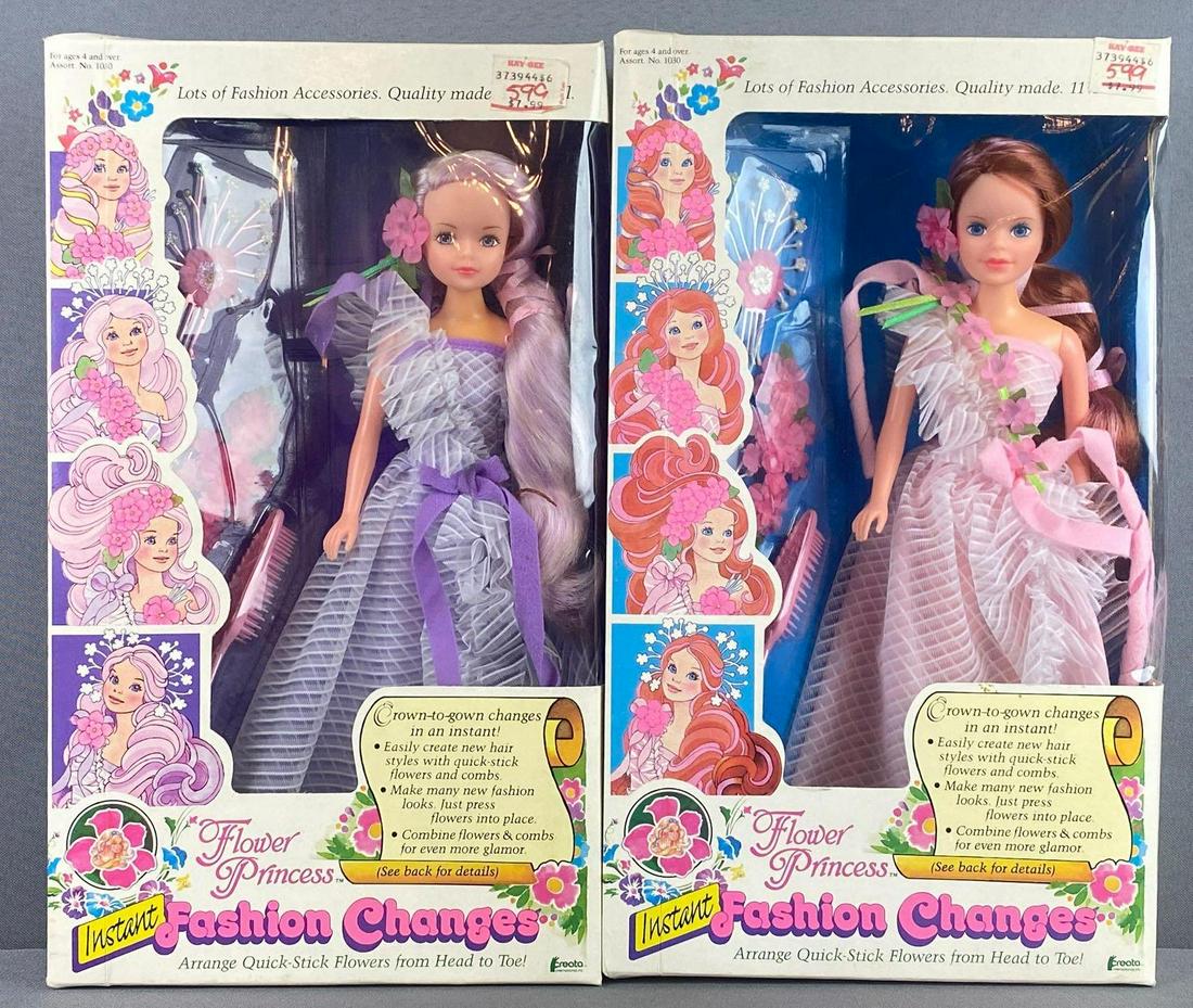 Group of 2 Flower Princess Fashion Dolls: 11.5 inch Instant Fashion Changes dolls, new in original packaging. c. 1980s Creata International, Inc