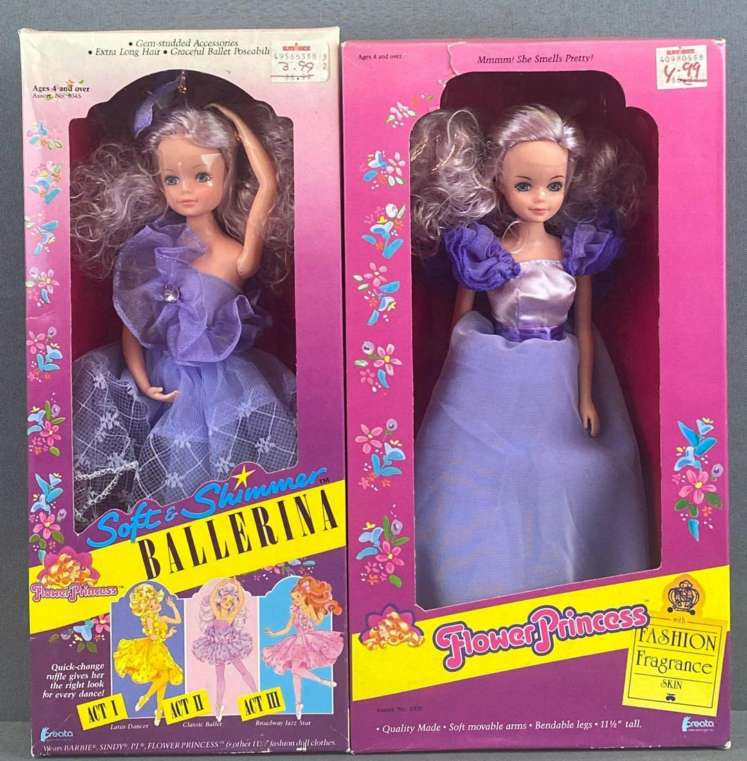 Group of 2 Flower Princess Fashion Dolls: 11.5 inch dolls, new in original packaging. Soft & Shimmer Ballerina and Fashion Fragrance Skin. c. 1989s Creata International, Inc