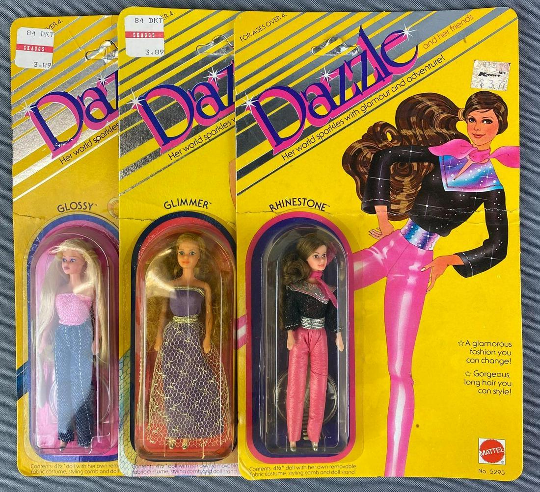 Group of 3 Mattel Dazzle Dolls: Includes Glimmer, Glossy and Rhinestone. 4.5 inch dolls, 1981, in original boxes