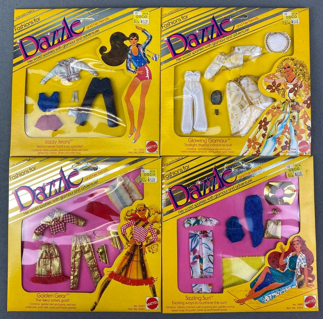 Group of 4 Mattel Dazzle Doll Outfits: Includes Jazzy Jeans, Glowing Glamour, Golden Gear, and Sizzling Sun. 1981, for 4.5 inch dolls
