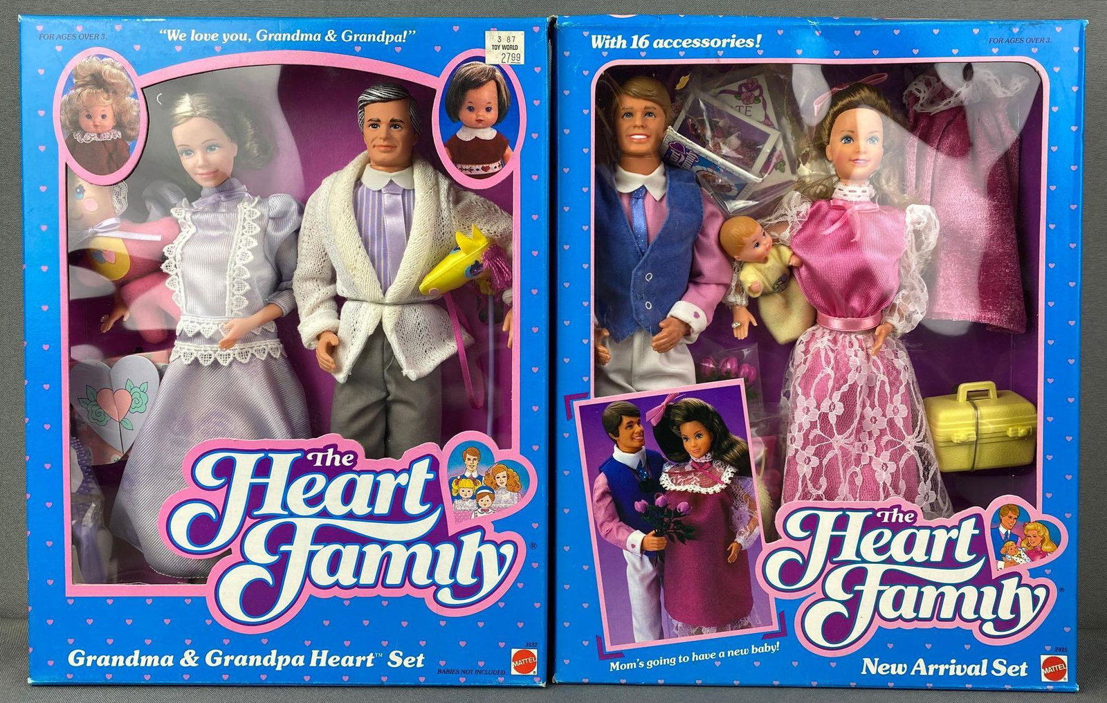 Group of 2 Mattel The Heart Family Doll Sets: Includes Grandma and Grandpa Heart set and New Arrival set. In original box, 1986, 11 inch dolls