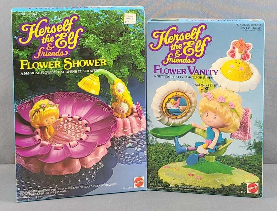 2 Herself the Elf play sets: Flower shower, flower vanity. Both sealed in original boxes. Larger box measures 9 x 13 inches
