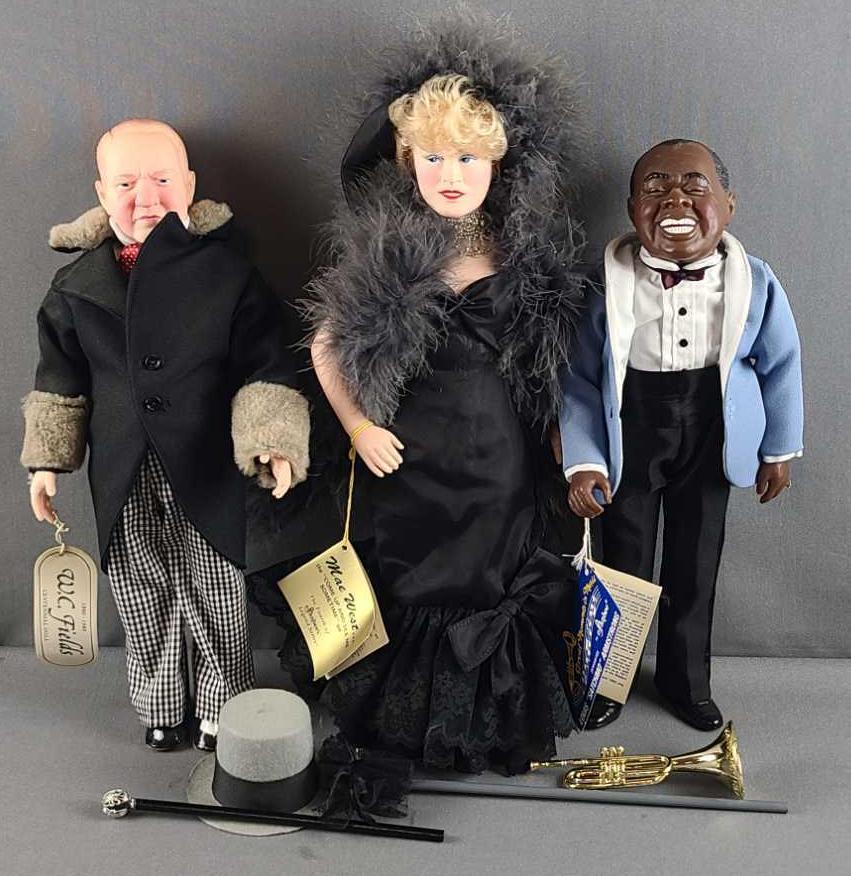 Group of 3 Effanbee dolls: Mae West, Louis Armstrong, WC Fields. Mae is 17 inches tall