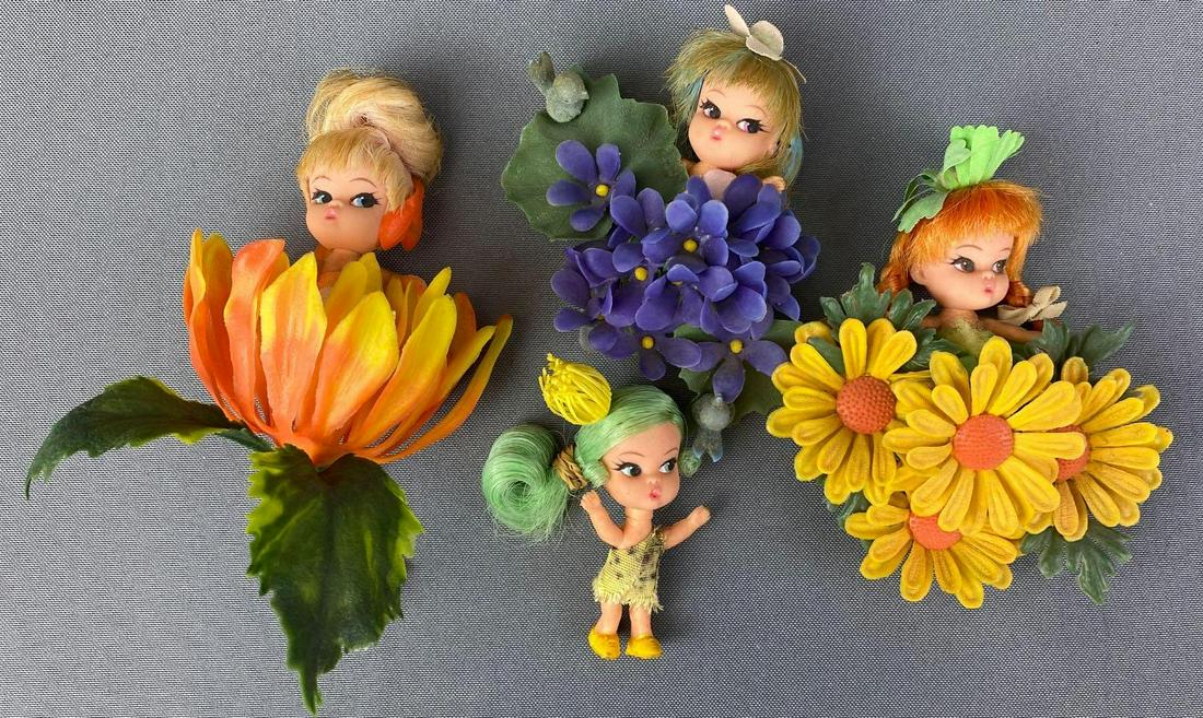 Group of 4 Hasbro Flower Darlings Dolls: 3 inch dolls, circa 1960s
