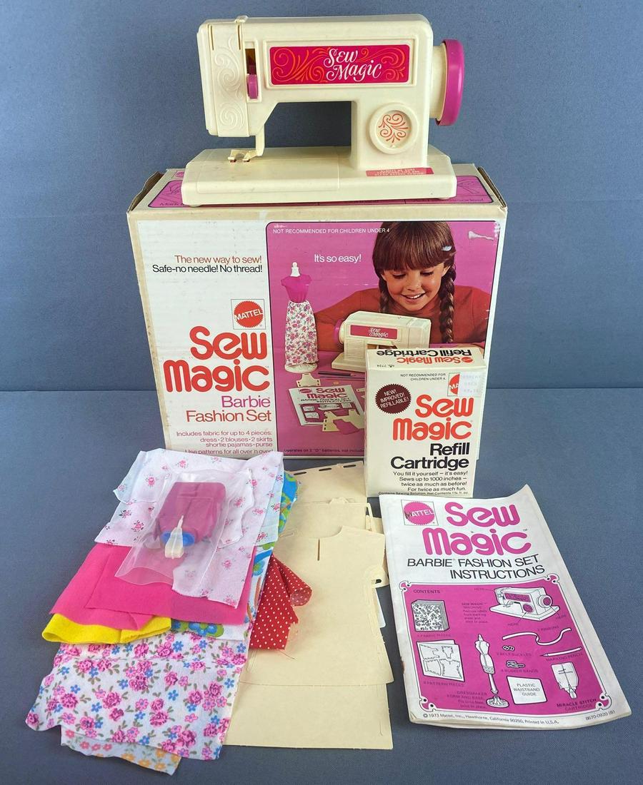 Mattel Sew Magic Barbie Fashion Set: In original packaging-12x5.5x10 inches, with instructions, fabric, Miracle Stitch cartridge and refill, and pattern pieces.