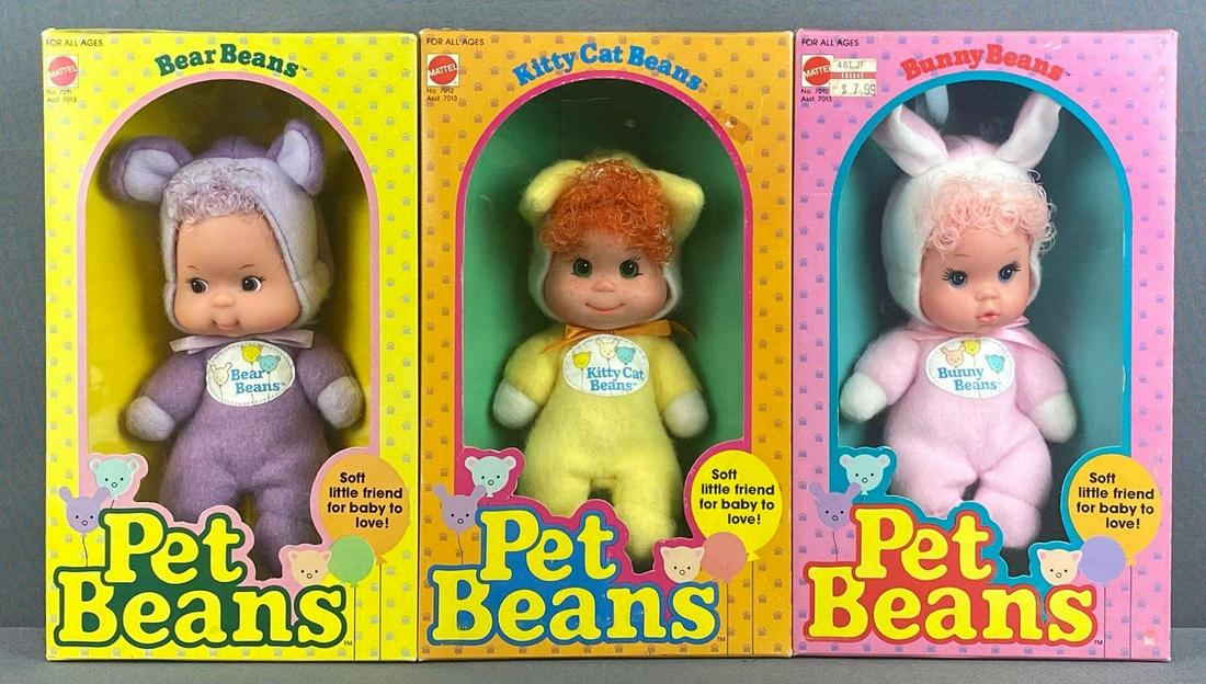 Group of 3 Mattel Pet Beans: 7 inch soft-body dolls, new in original packaging. Bear Beans, Kitty Cat Beans, and Bunny Beans. c. 1980s Mattel, Inc