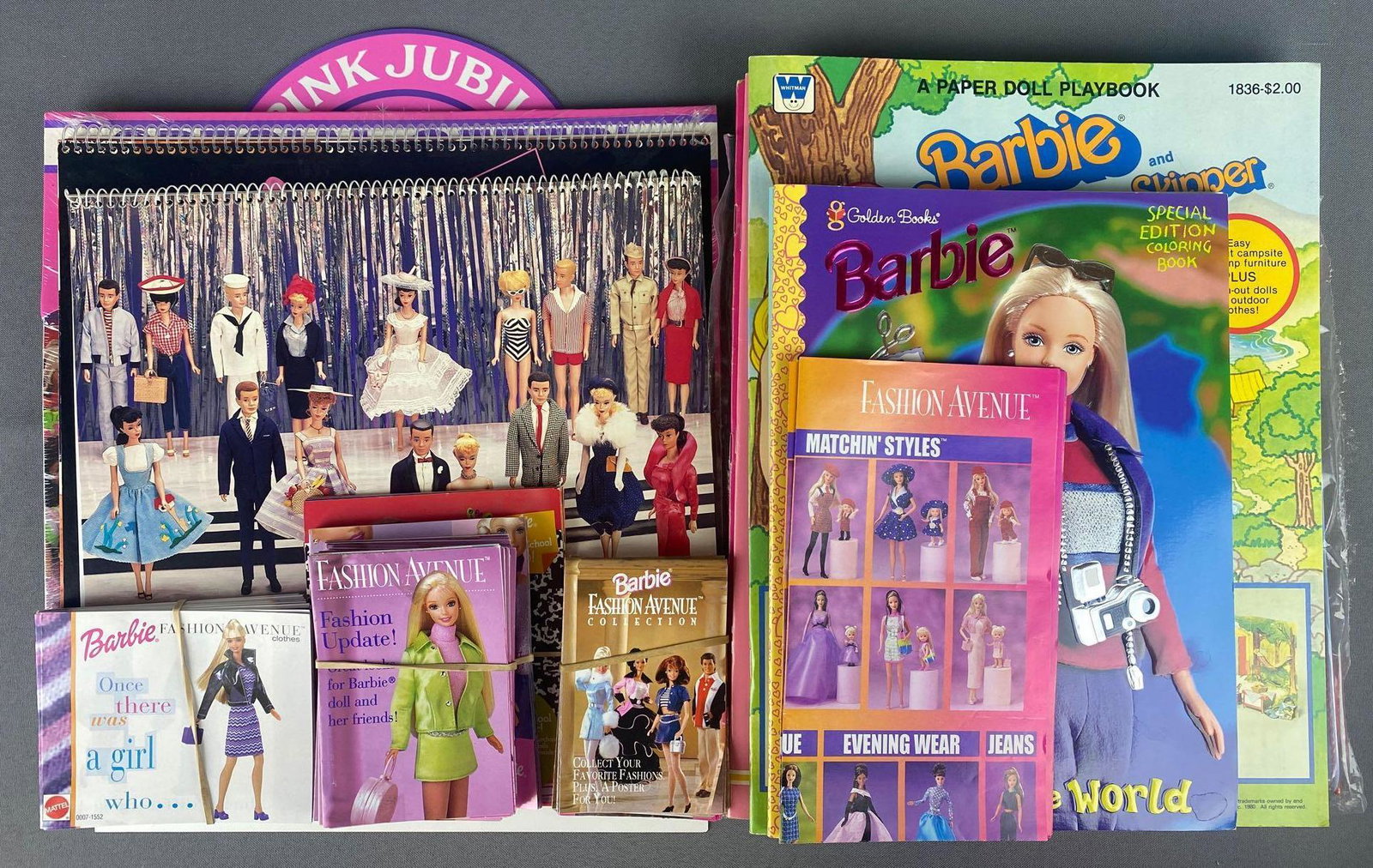 Group of assorted Barbie paper dolls, coloring books,: c. 1990s, unknown completion, largest is appx 10x13.25 inches. Mattel, Inc