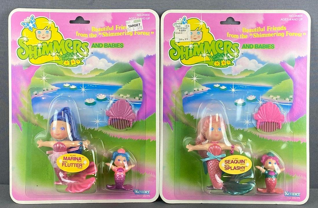 Group of 2 Shimmers and Babies doll sets: 4.5 inch mermaid dolls with 2.5 inch babies, Marina with Flutter and Seaquin with Splashy, new in original packaging. c. 1980s Kenner Parker Toys, Inc