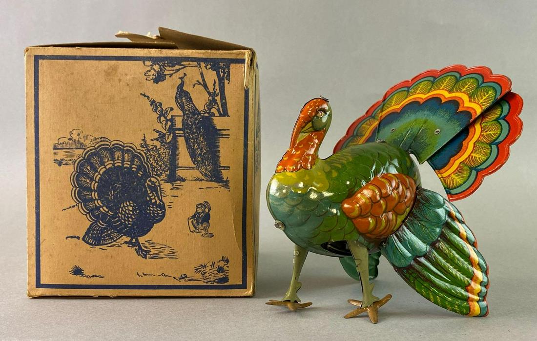 Turkey Wind Up Tin Toy with Box: Made in US Zone Germany . Working. Box measures approximately 5 inches square.