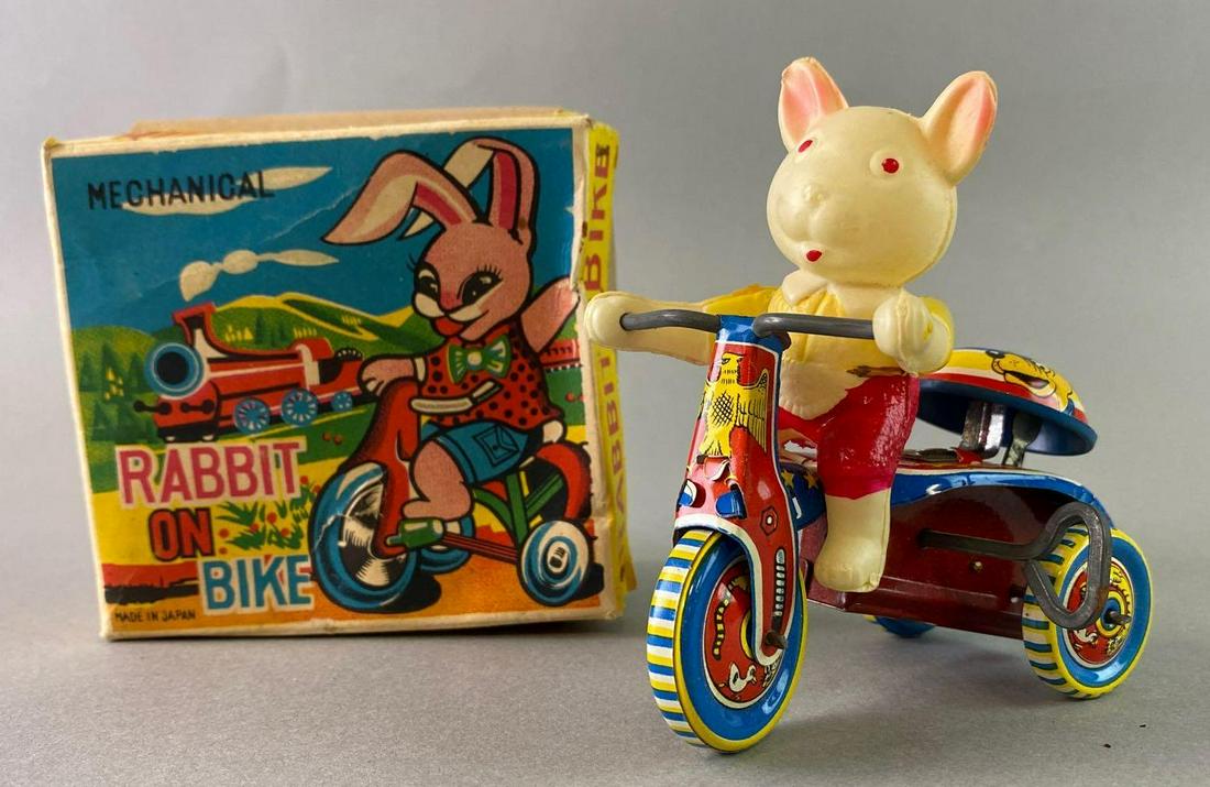 Rabbit on Bike Wind Up Tin Toy in Original Box (1 of 4)
