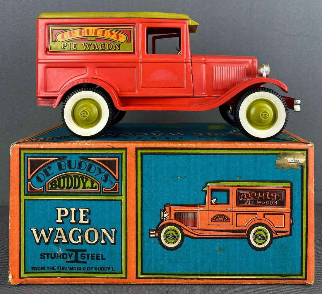 Buddy L pressed steel Ol Buddys Pie Wagon: 10.25x4.5x5 inches, with original box. Some loose/missing decals, rear reflector unattached