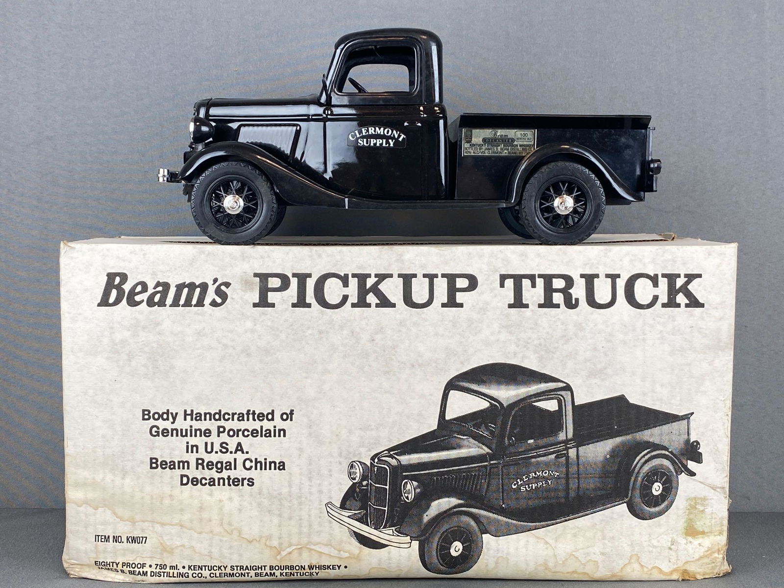 Jim Beam Pickup Truck Decanter: With original box, porcelain body, 13.75x6.25x6 inches. No shipping