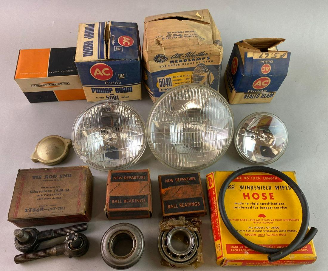Group of Automobile Parts Headlights Bearings Harley: All in original boxes. Includes bearings , tie rod ends, Headlights, and a Harley Davidson gas cap.