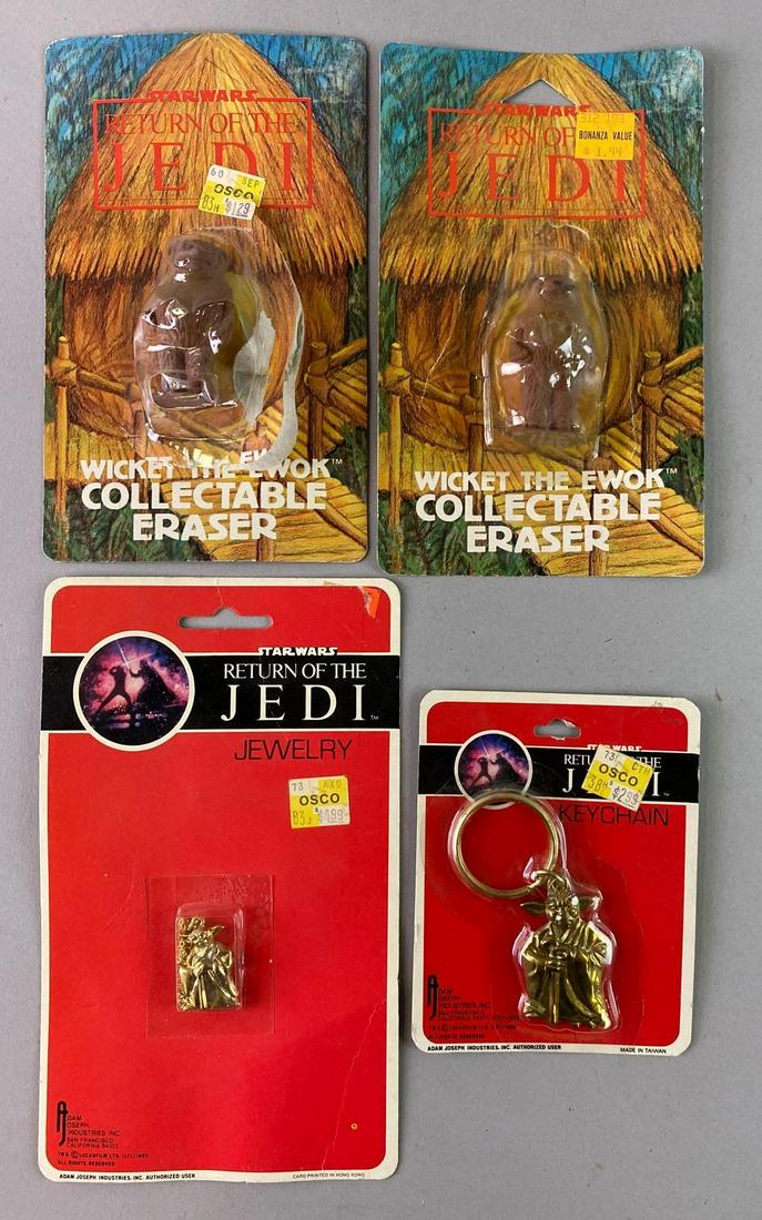 Group of 4 Star Wars ROTJ Collectibles: Copyright 1983. Includes Keychain, necklace, and 2 Wicket erasures. All are in original packaging.