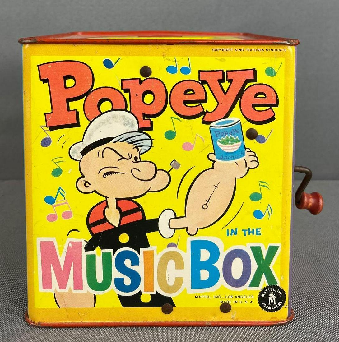 Mattel Popeye Jack-in-the-Box: Metal, 6.5x5.25x5.5 inches. Non-working condition