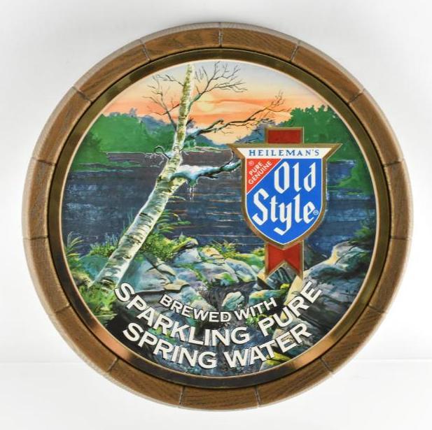 Heilemans Old Style Advertising Half Barrel Beer Sign: New Old Stock, 16 inches round