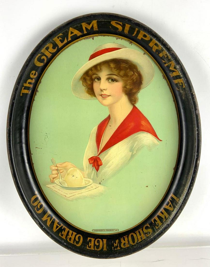 Vintage Lake Shore Ice Cream Advertising Metal Drink: The Cream Supreme, 12 3/4 x 16 1/4 inches