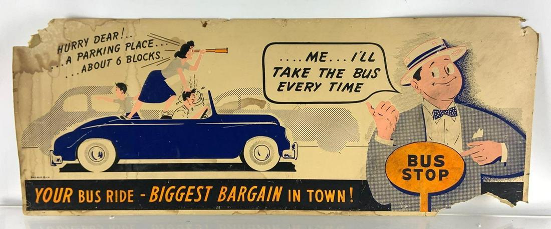 Vintage Bus Ride Advertising Cardboard Sign (1 of 2)