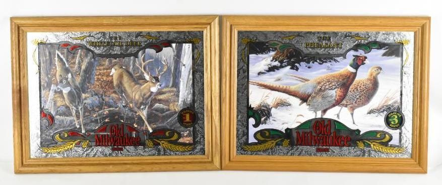 Group of 2 Old Milwaukee Advertising Beer Mirrors: Featuring White Tail Deer and Pheasants, 20 1/2 x 15 1/2 inches