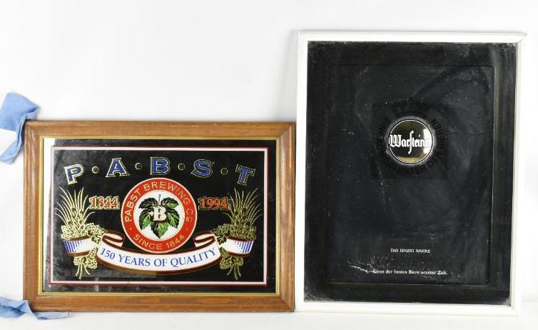 Group of 2 Advertising Beer Mirrors: Featuring Pabst Blue Ribbon and Warsteiner, Largest 17 x 21 inches