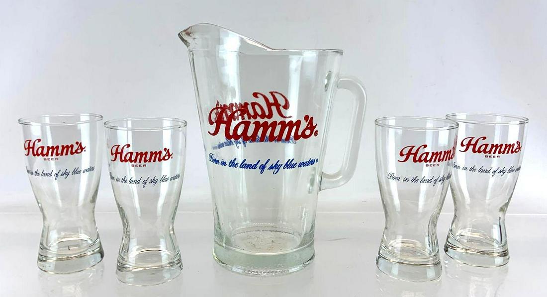Hamms Beer Advertising Pitcher and 4 Glasses (1 of 2)