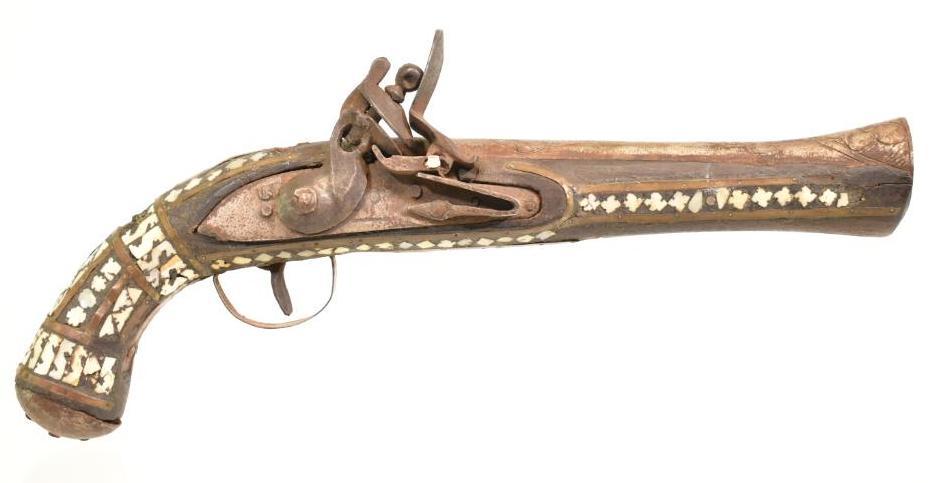 Flint Lock Enlayed Black Powder Pistol: Measures 14 1/2 inches long