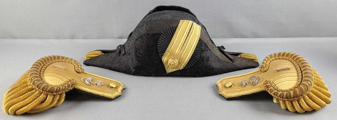 Pre WW2 US Navy Ensign Bicorn Hat and Epaulets in Case: Hat is size 7 1/4. 17.25 x 5 x 6.5 inches. Box measures 19.5 x 6.75 x 8.25 inches